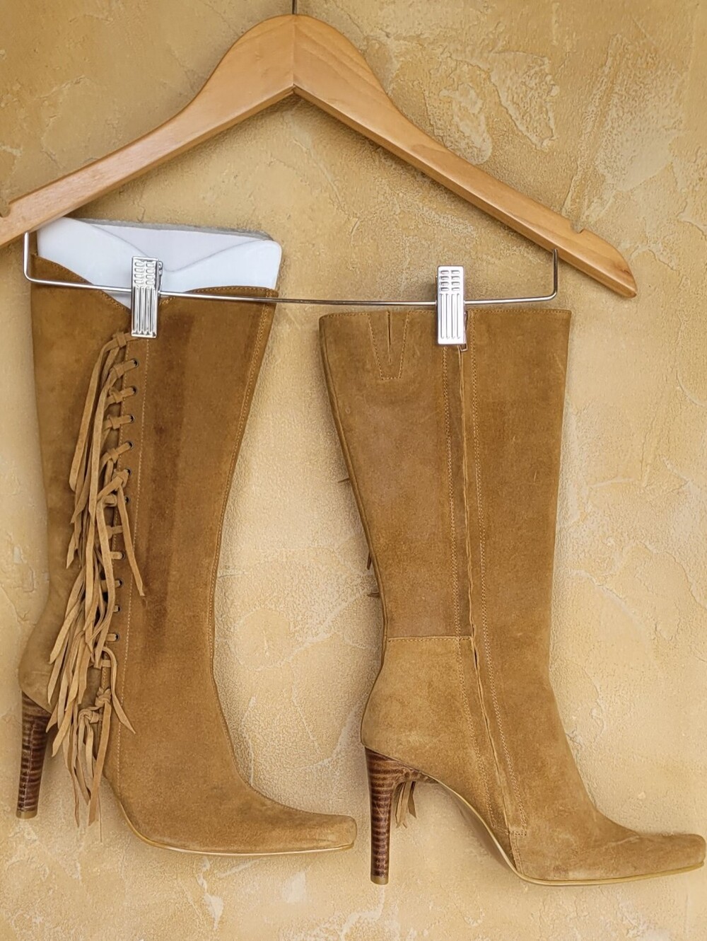MIA Tan Suede Fringed Tall Western Boots. Y2K Size 6.5 Stiletto Heels 4in - Picture 12 of 17